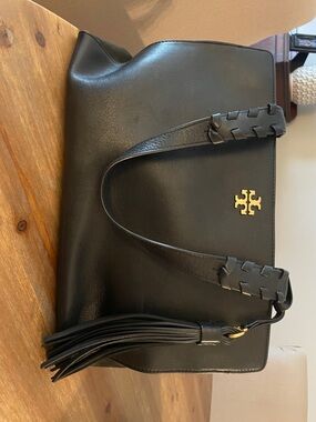 Tory Burch Black Leather Shoulder Tote with Tassel and Gold Logo
